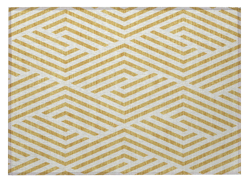 2' X 3' Gold and White Geometric Washable Non Skid Indoor Outdoor Area Rug
