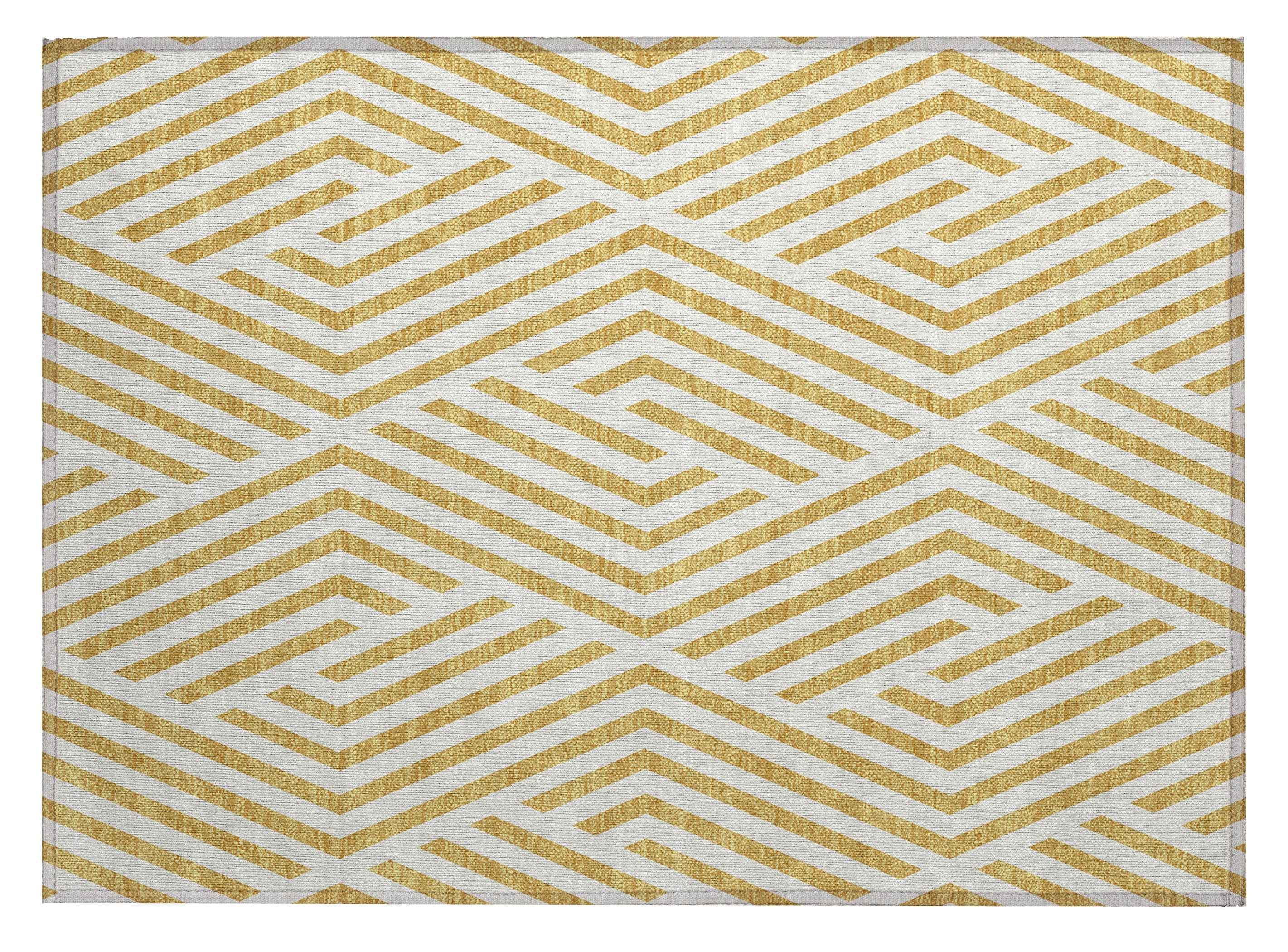 2' X 3' Gold and White Geometric Washable Non Skid Indoor Outdoor Area Rug