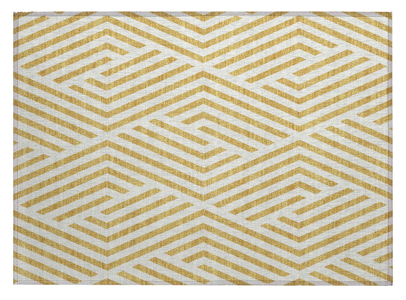 2' X 3' Gold and White Geometric Washable Non Skid Indoor Outdoor Area Rug