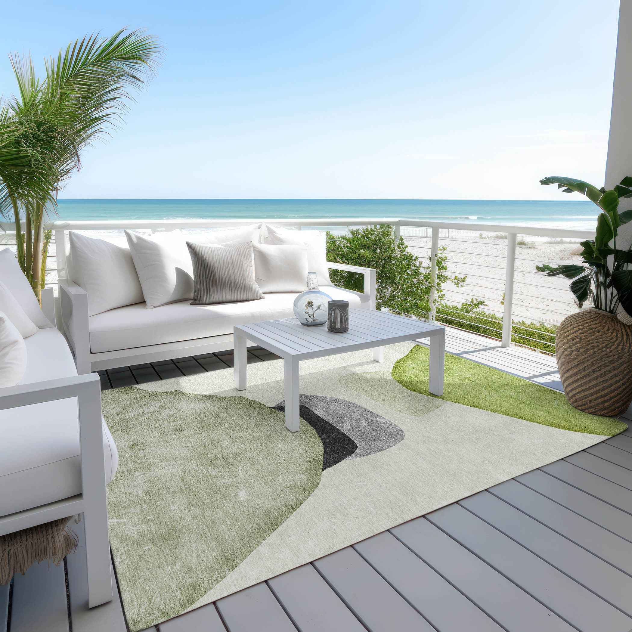 5' X 8' Green Black and Gray Abstract Washable Non Skid Indoor Outdoor Area Rug