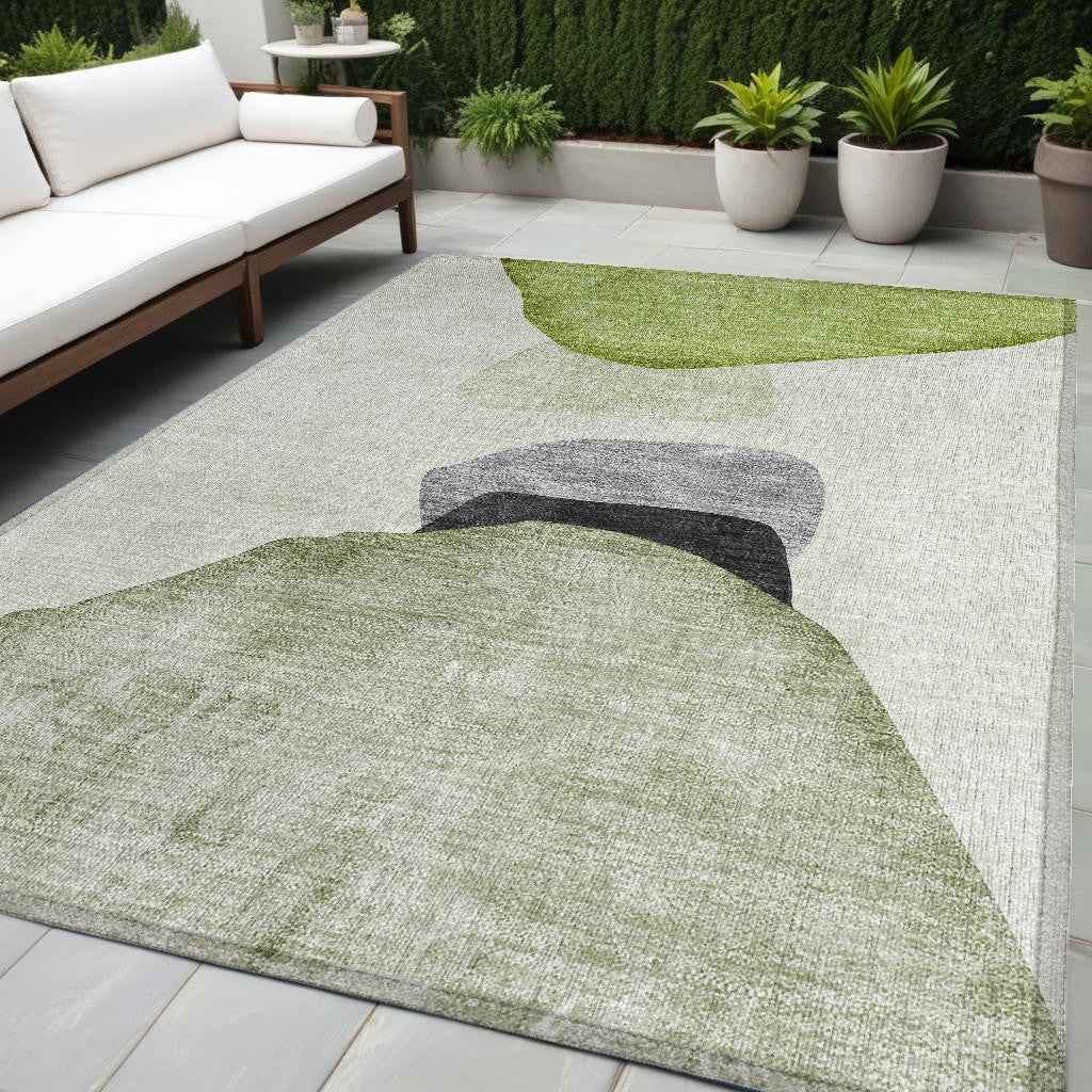 5' X 8' Green Black and Gray Abstract Washable Non Skid Indoor Outdoor Area Rug