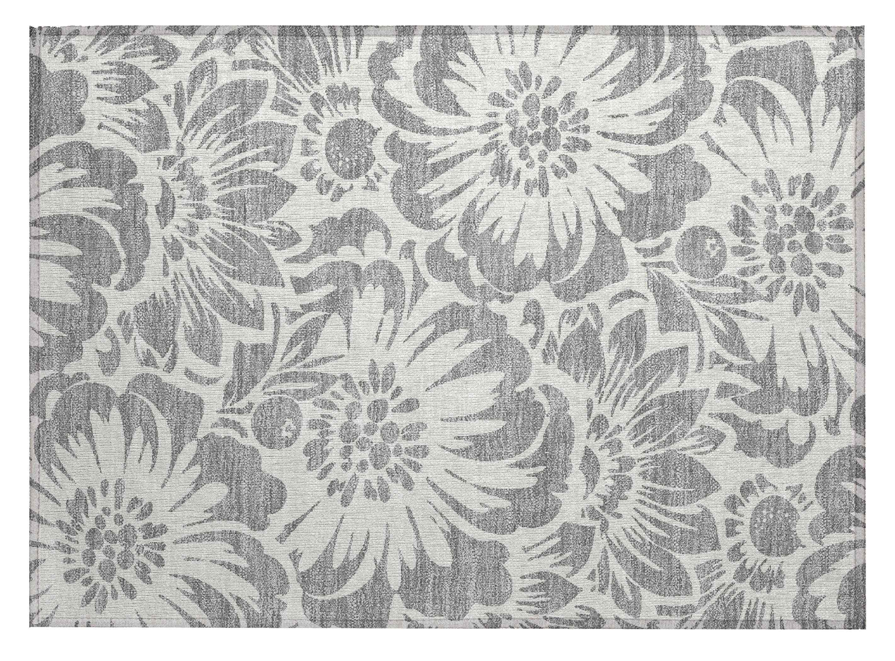 2' X 3' Gray and Ivory Floral Washable Non Skid Indoor Outdoor Area Rug