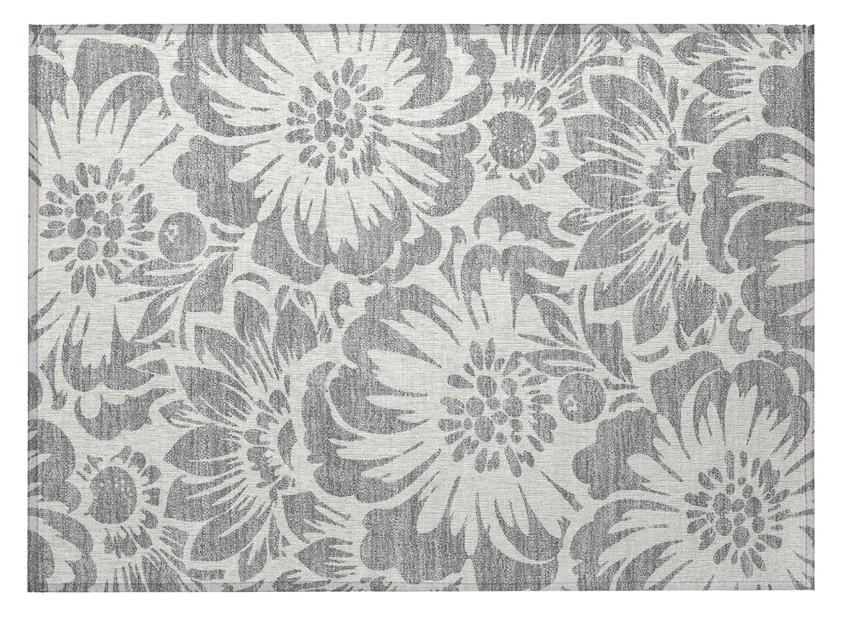 2' X 3' Gray and Ivory Floral Washable Non Skid Indoor Outdoor Area Rug