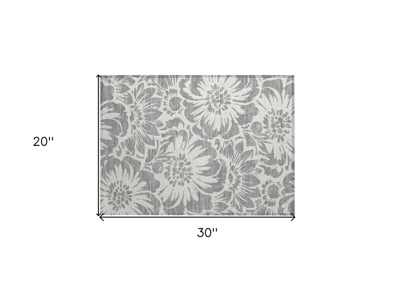2' X 3' Gray and Ivory Floral Washable Non Skid Indoor Outdoor Area Rug