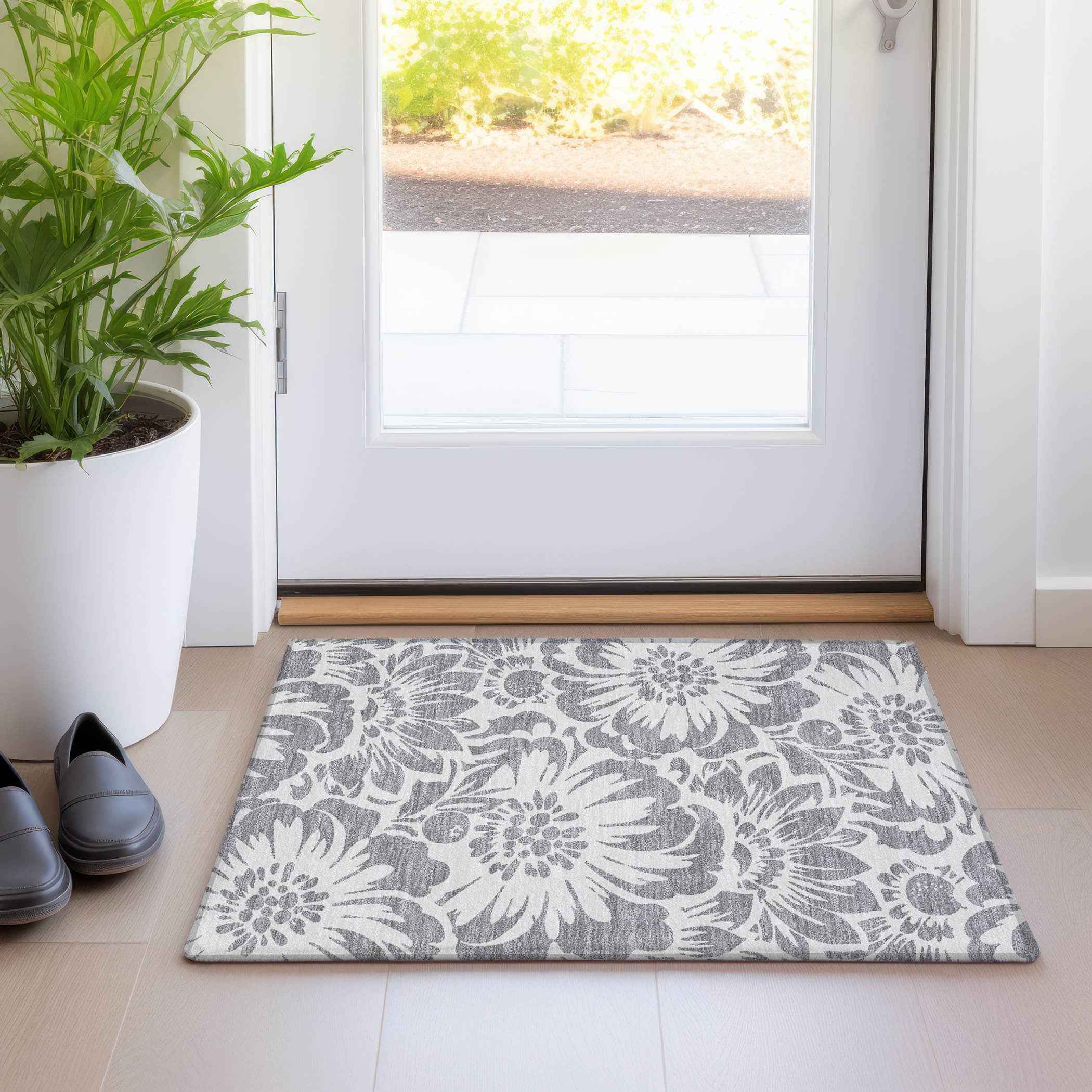 2' X 3' Gray and Ivory Floral Washable Non Skid Indoor Outdoor Area Rug