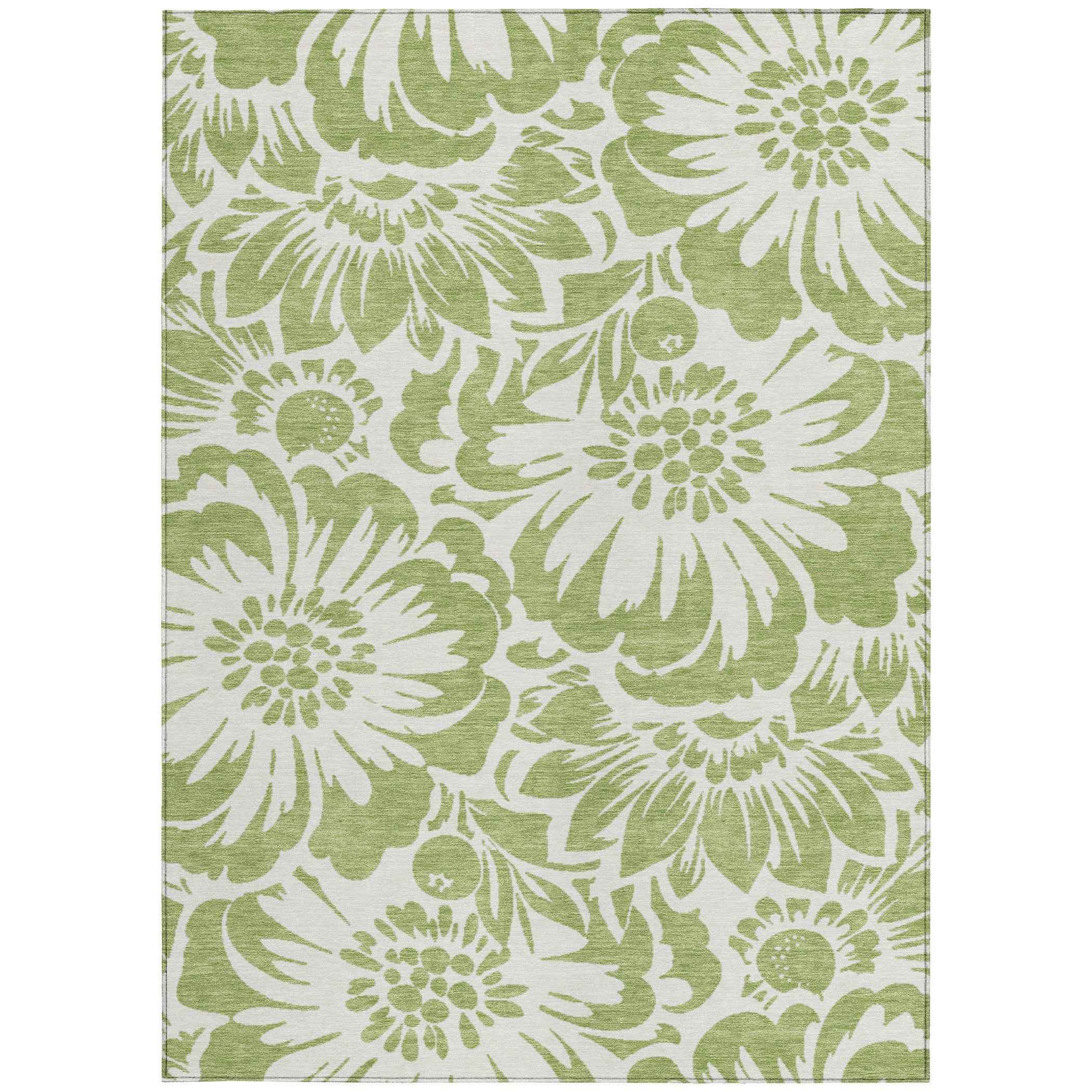 5' X 8' Green and Ivory Floral Washable Non Skid Indoor Outdoor Area Rug