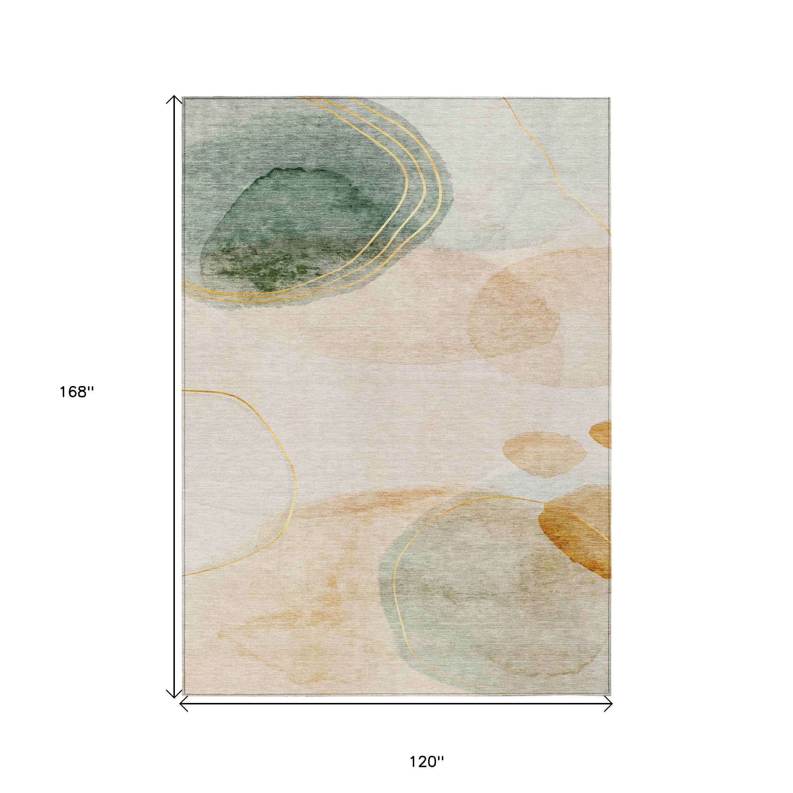 10' X 14' Beige and Green Abstract Washable Non Skid Indoor Outdoor Area Rug