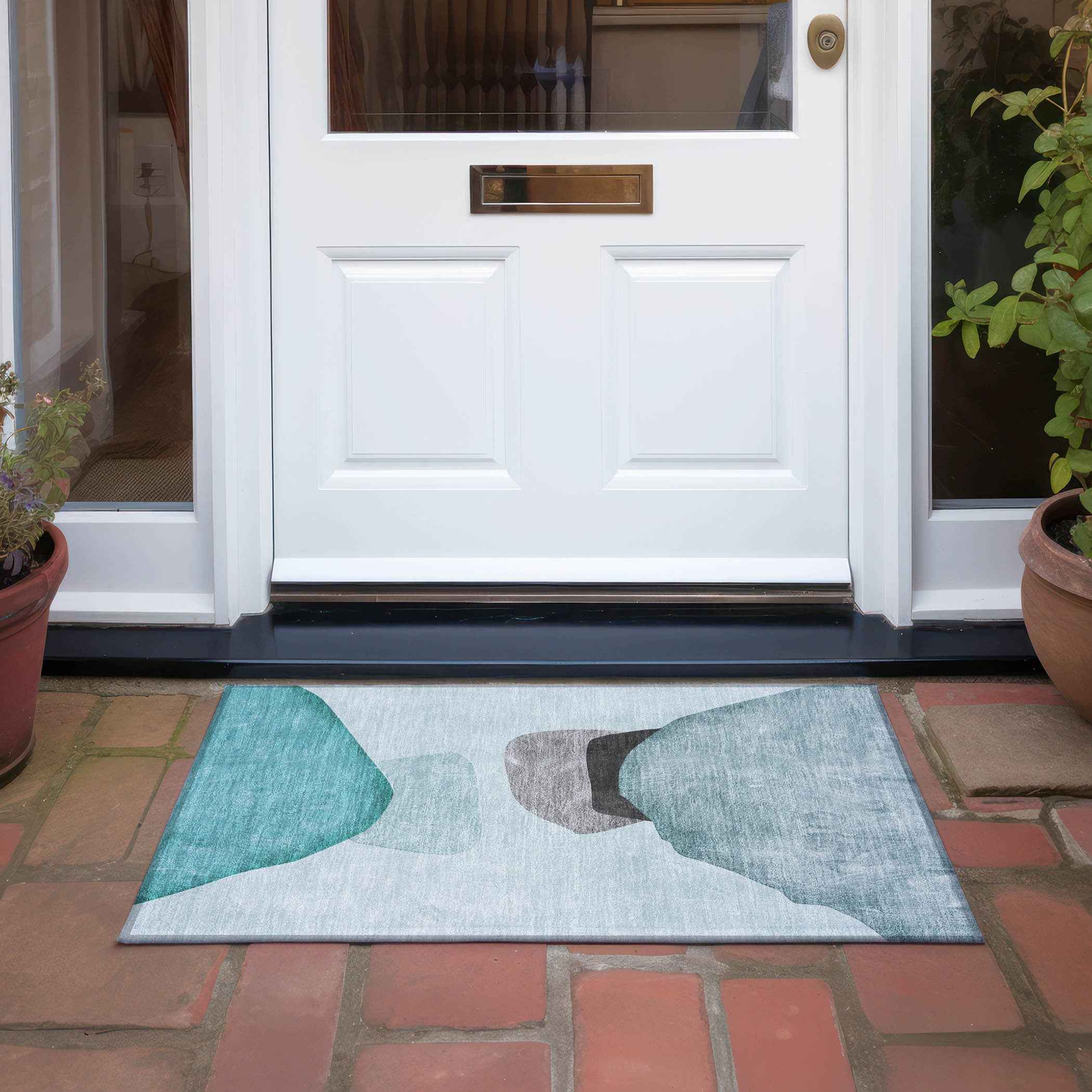 2' X 3' Teal Ivory and Gray Abstract Washable Non Skid Indoor Outdoor Area Rug