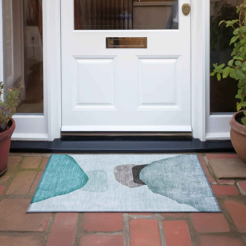2' X 3' Teal Ivory and Gray Abstract Washable Non Skid Indoor Outdoor Area Rug