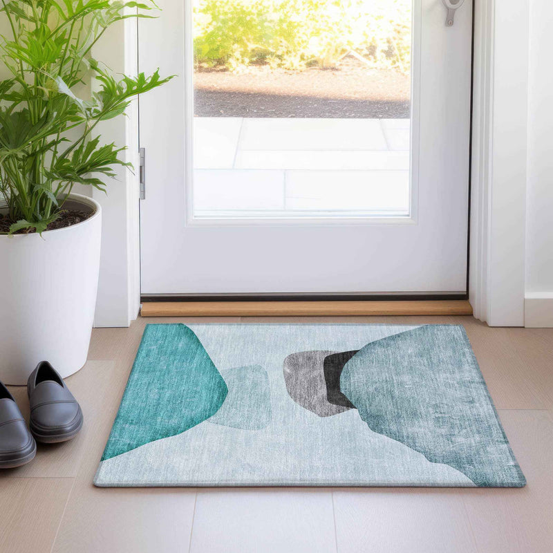 2' X 3' Teal Ivory and Gray Abstract Washable Non Skid Indoor Outdoor Area Rug