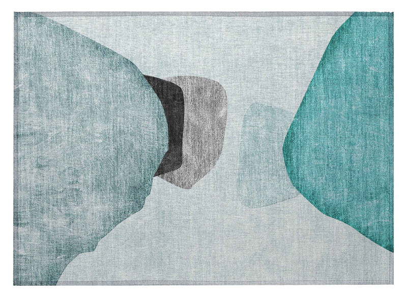 2' X 3' Teal Ivory and Gray Abstract Washable Non Skid Indoor Outdoor Area Rug