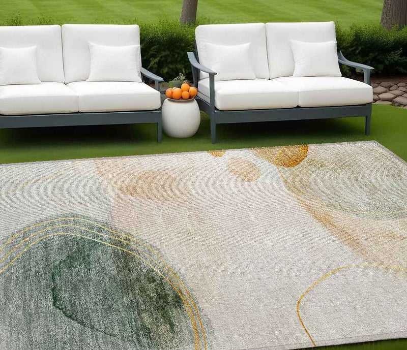 10' X 14' Beige and Green Abstract Washable Non Skid Indoor Outdoor Area Rug