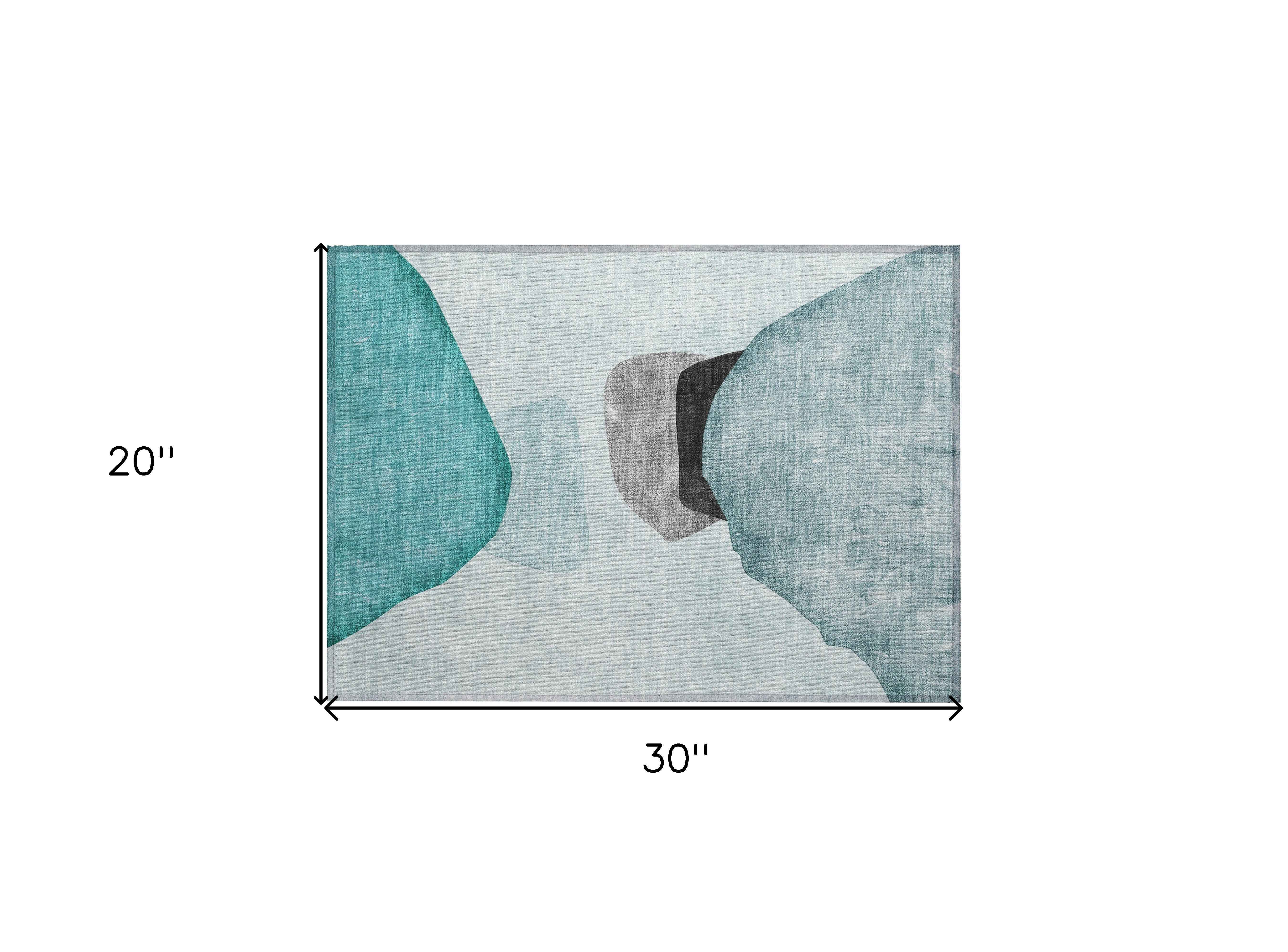 2' X 3' Teal Ivory and Gray Abstract Washable Non Skid Indoor Outdoor Area Rug