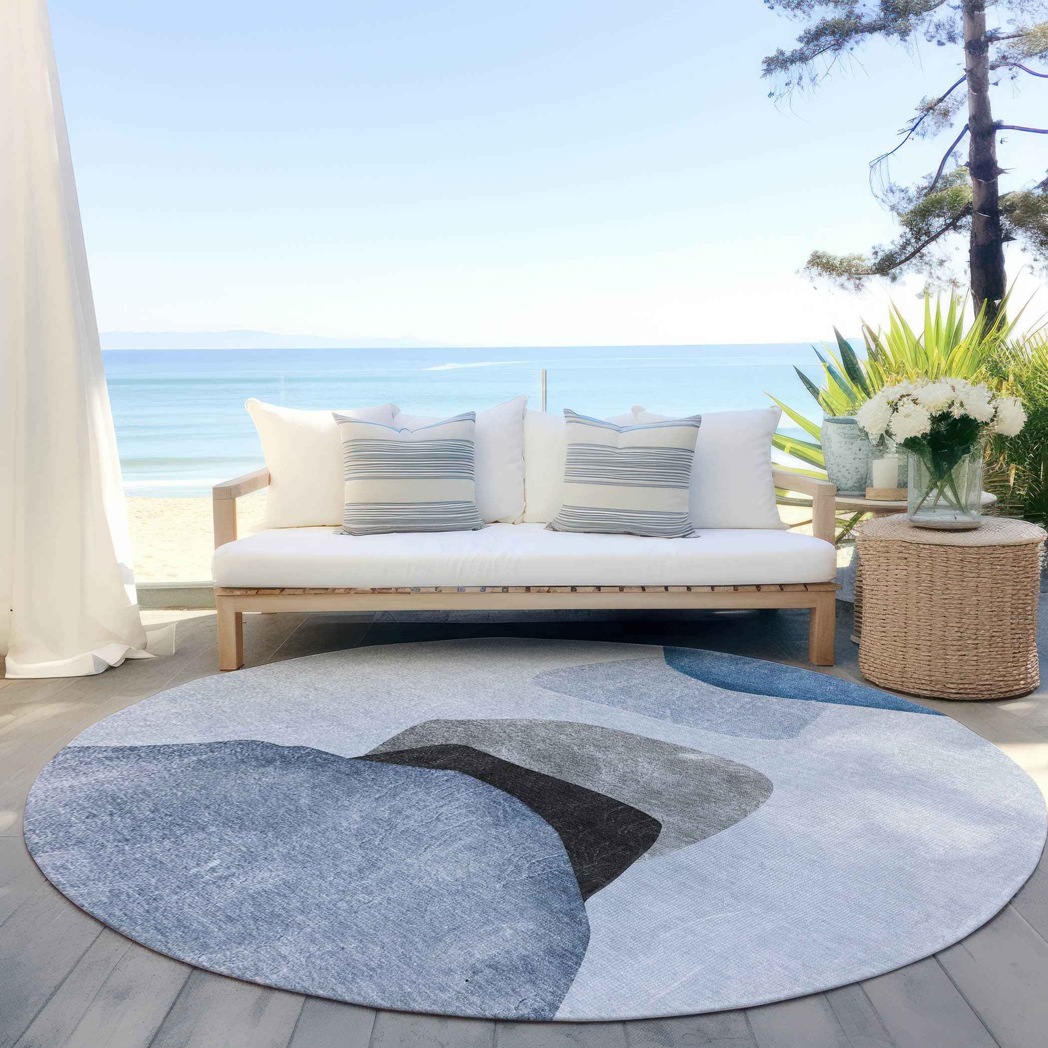 8' Round Blue Gray and Black Round Abstract Washable Non Skid Indoor Outdoor Area Rug