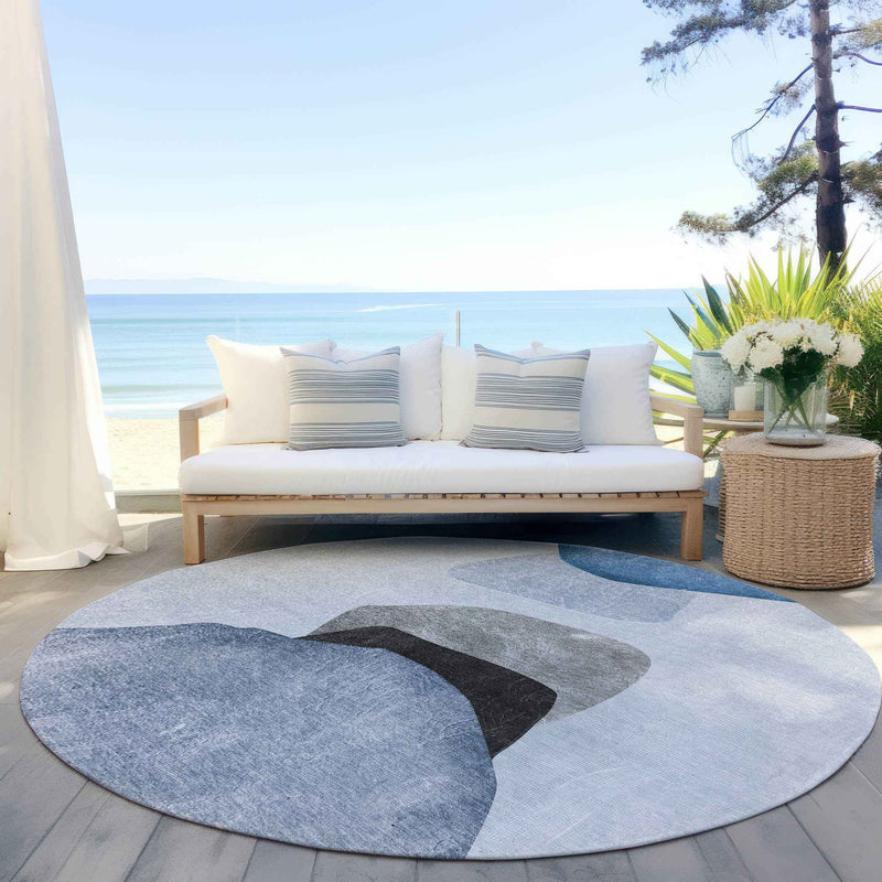 8' Round Blue Gray and Black Round Abstract Washable Non Skid Indoor Outdoor Area Rug