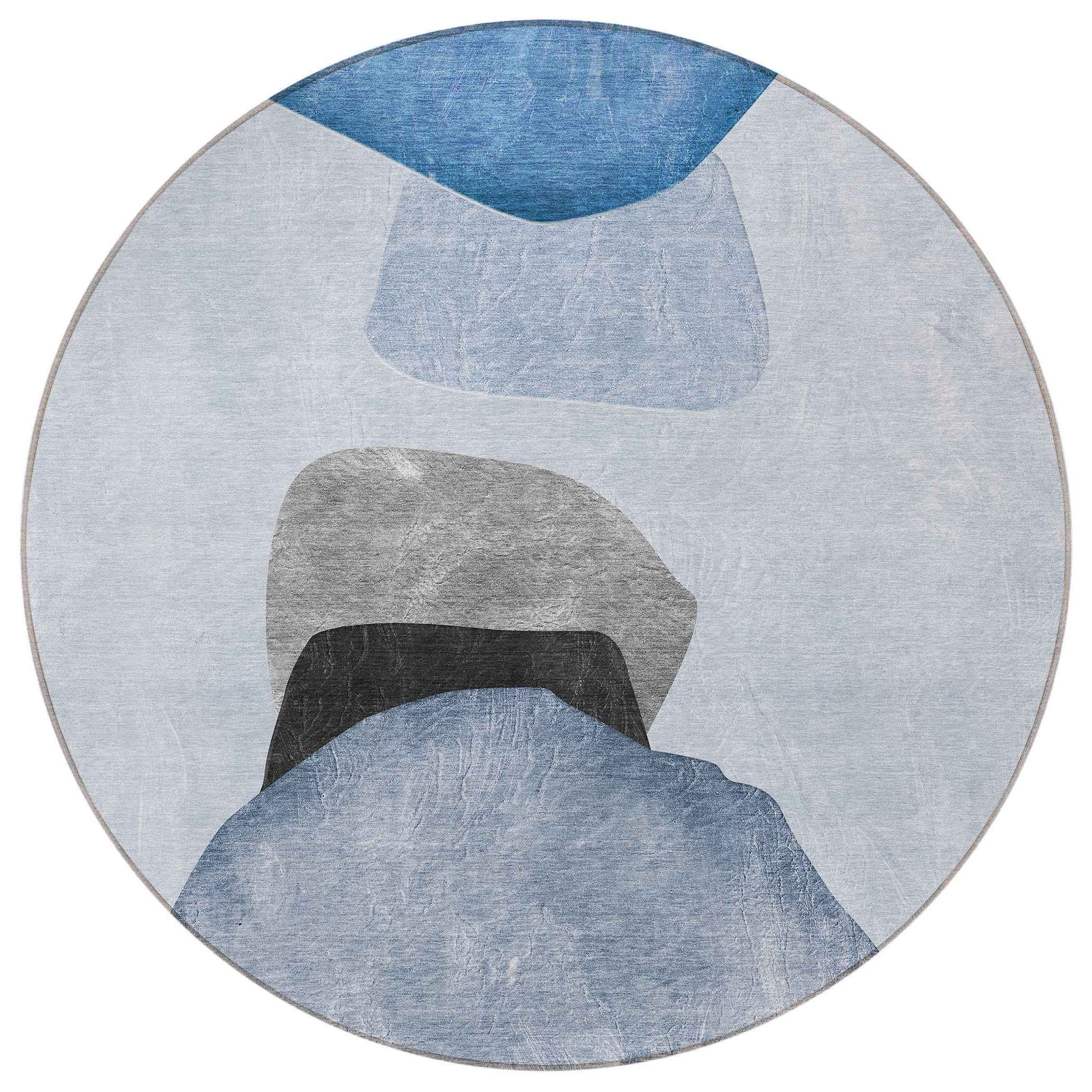 8' Round Blue Gray and Black Round Abstract Washable Non Skid Indoor Outdoor Area Rug