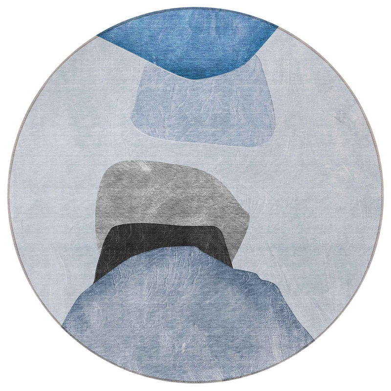 8' Round Blue Gray and Black Round Abstract Washable Non Skid Indoor Outdoor Area Rug