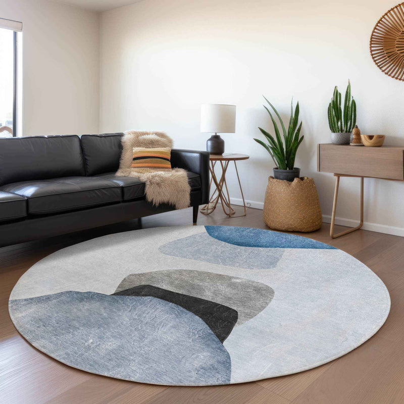 8' Round Blue Gray and Black Round Abstract Washable Non Skid Indoor Outdoor Area Rug
