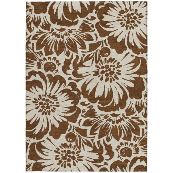 5' X 8' Brown and Ivory Floral Washable Non Skid Indoor Outdoor Area Rug
