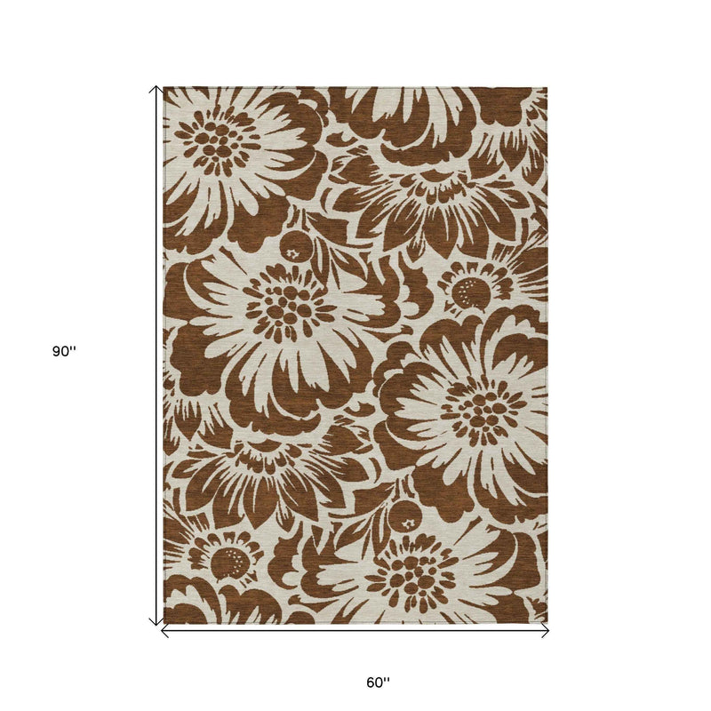 5' X 8' Brown and Ivory Floral Washable Non Skid Indoor Outdoor Area Rug