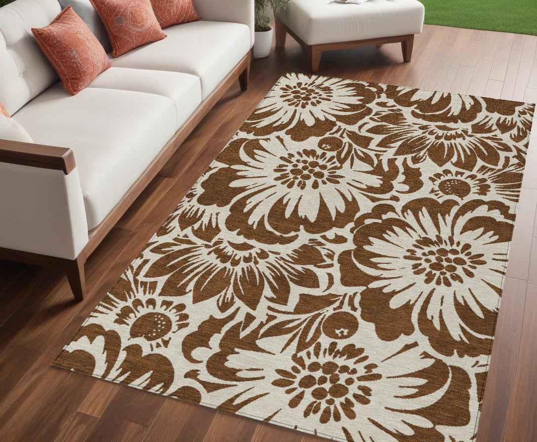 5' X 8' Brown and Ivory Floral Washable Non Skid Indoor Outdoor Area Rug