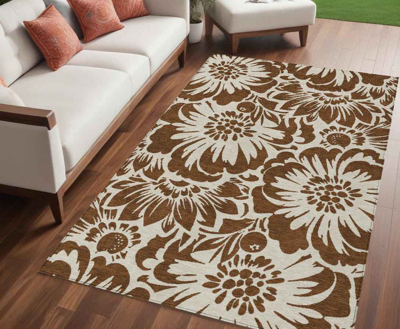 5' X 8' Brown and Ivory Floral Washable Non Skid Indoor Outdoor Area Rug