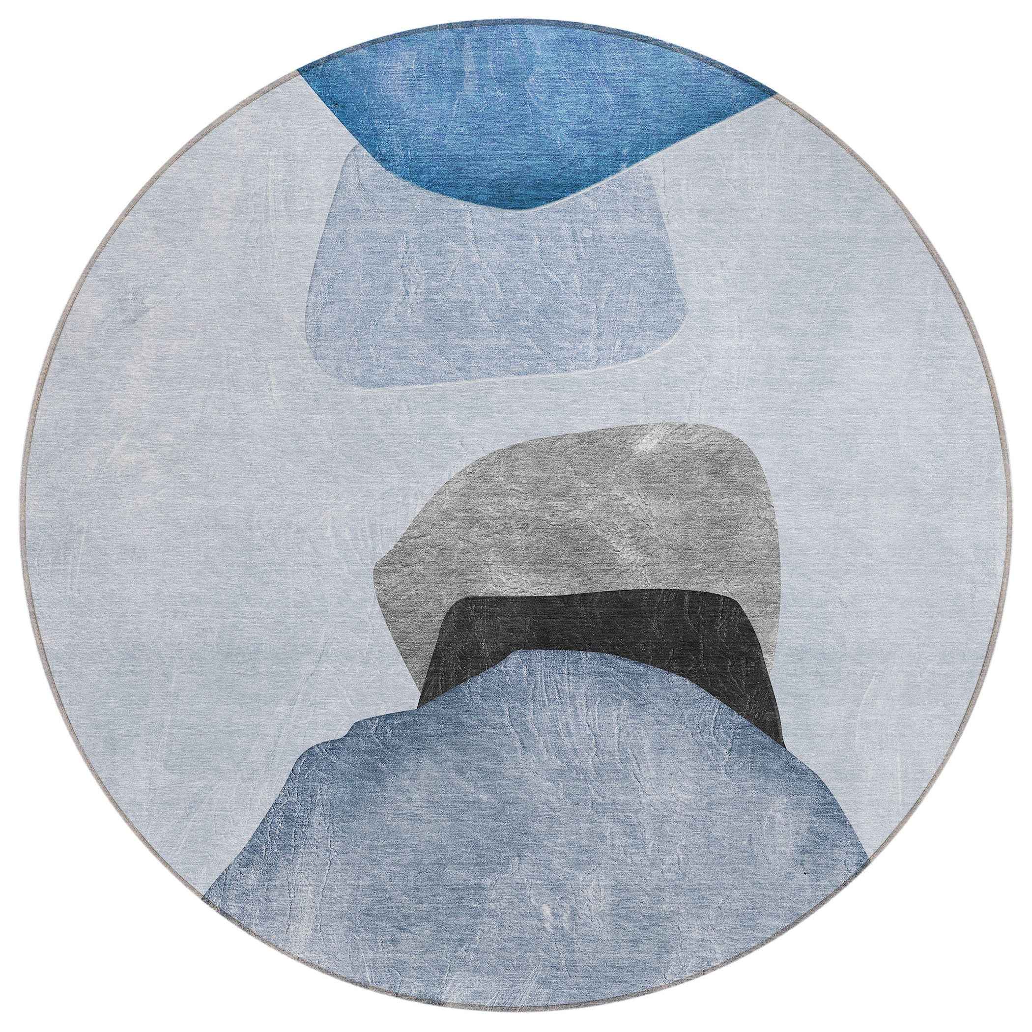 8' Round Blue Gray and Black Round Abstract Washable Non Skid Indoor Outdoor Area Rug