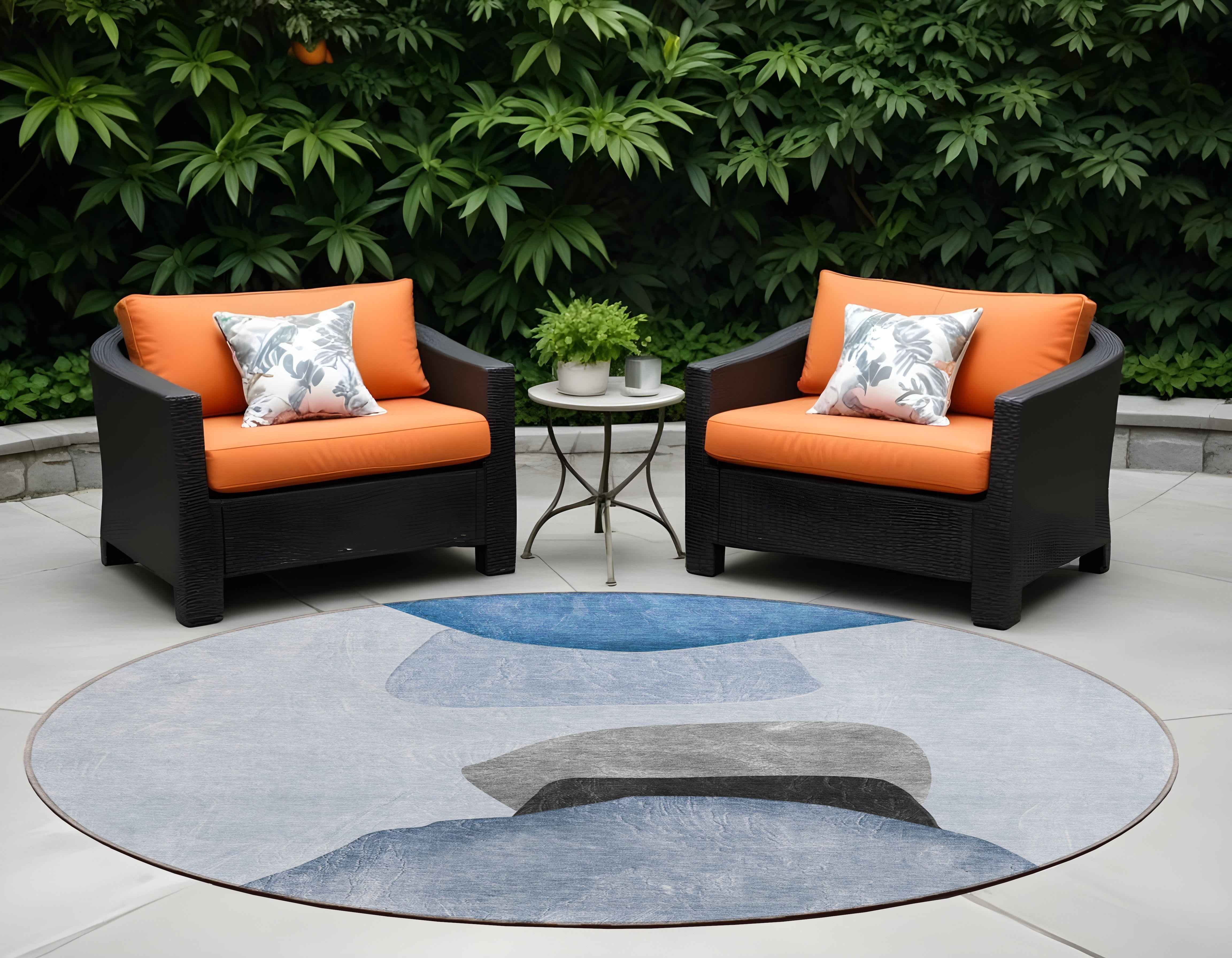 8' Round Blue Gray and Black Round Abstract Washable Non Skid Indoor Outdoor Area Rug