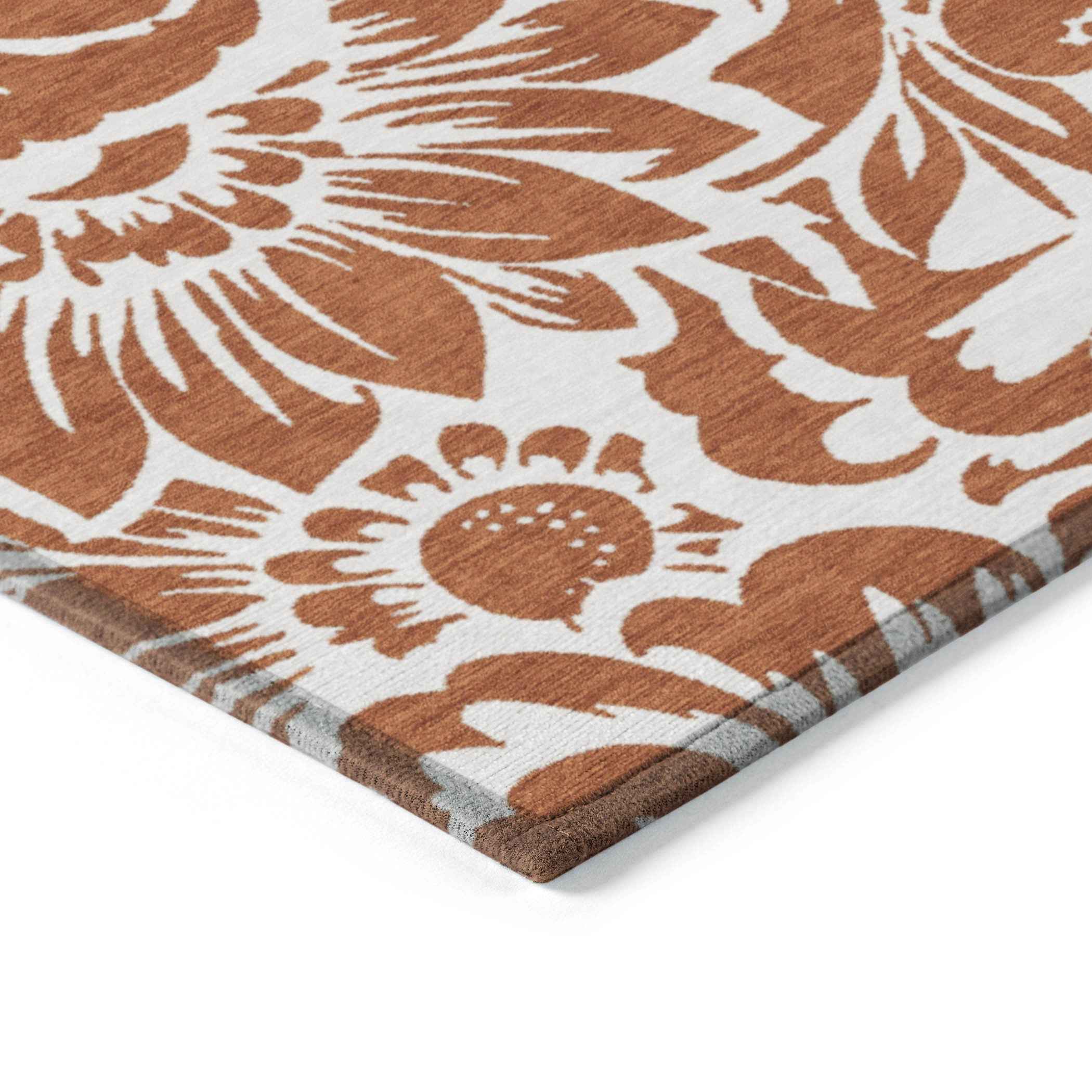 10' X 14' Rust and Ivory Floral Washable Non Skid Indoor Outdoor Area Rug