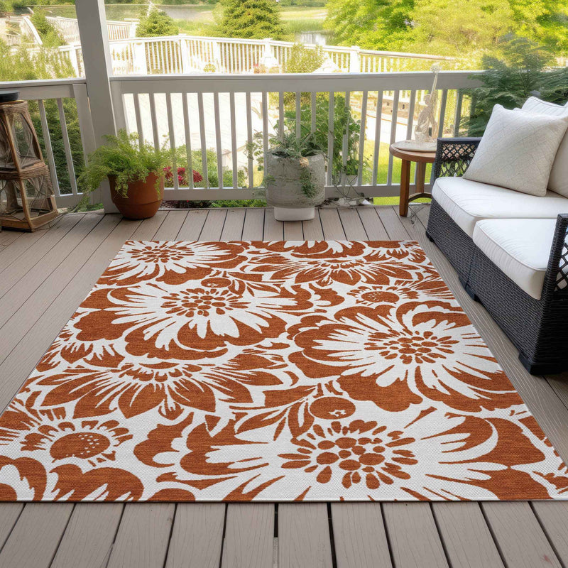 10' X 14' Rust and Ivory Floral Washable Non Skid Indoor Outdoor Area Rug