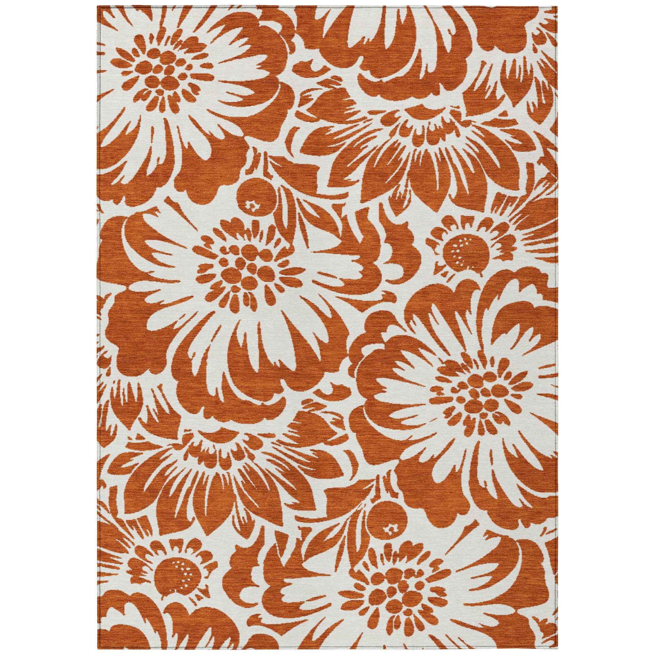 10' X 14' Rust and Ivory Floral Washable Non Skid Indoor Outdoor Area Rug