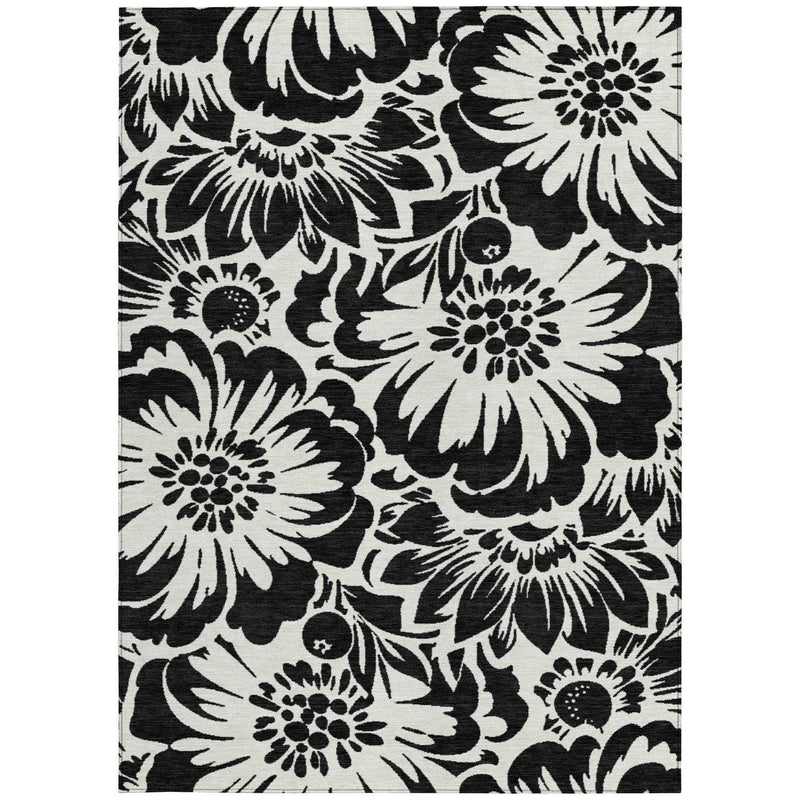 9' X 12' Black and Ivory Floral Washable Non Skid Indoor Outdoor Area Rug