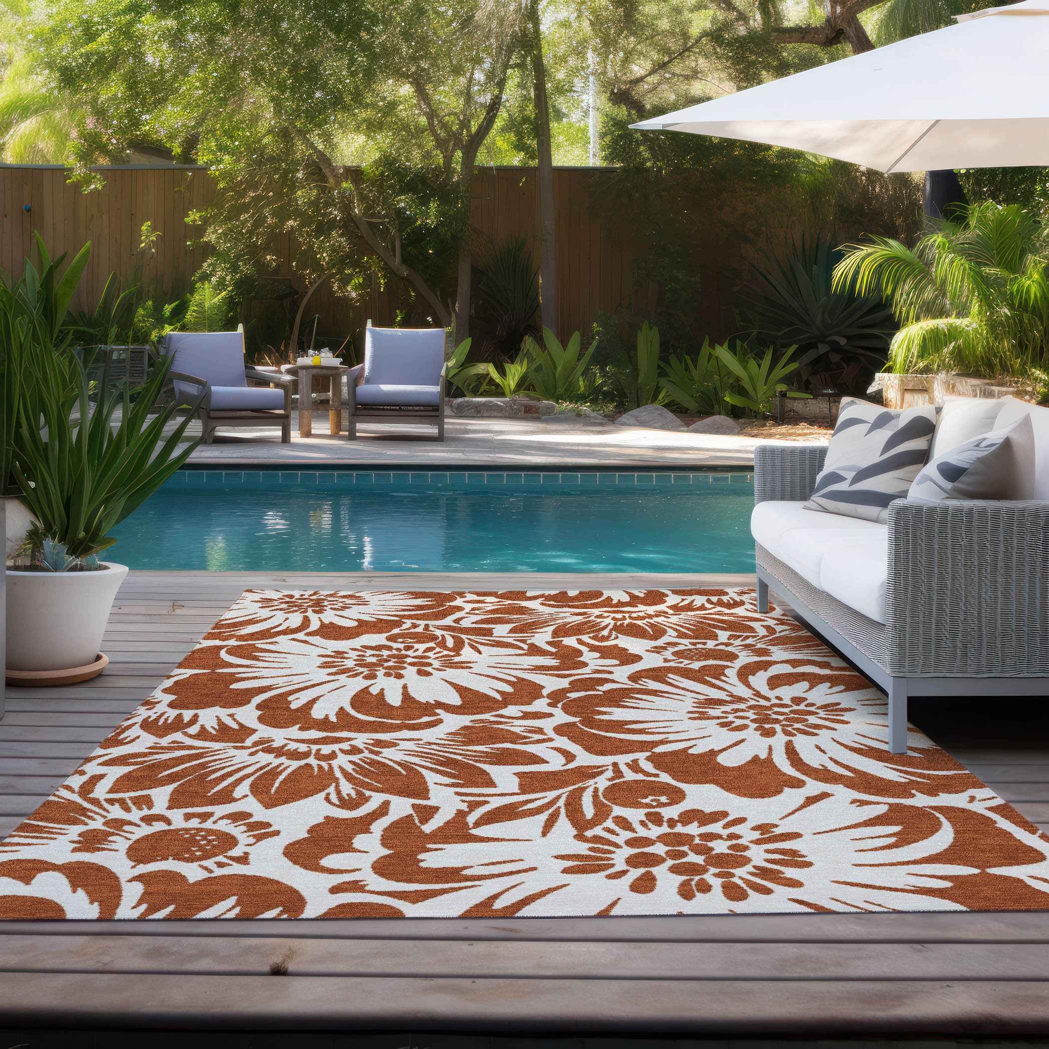 10' X 14' Rust and Ivory Floral Washable Non Skid Indoor Outdoor Area Rug