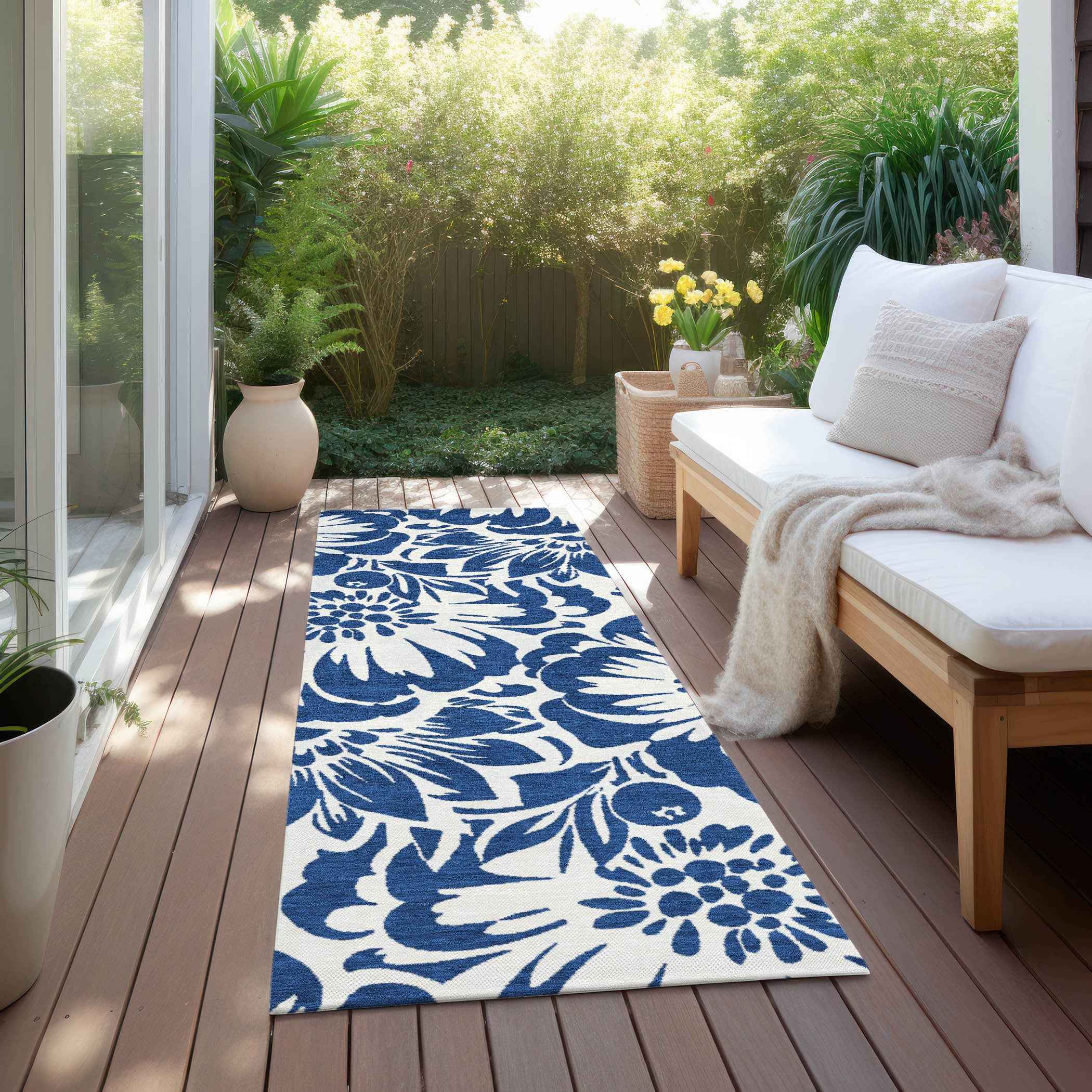 8' Runner Navy and Ivory Floral Washable Non Skid Indoor Outdoor Runner Rug