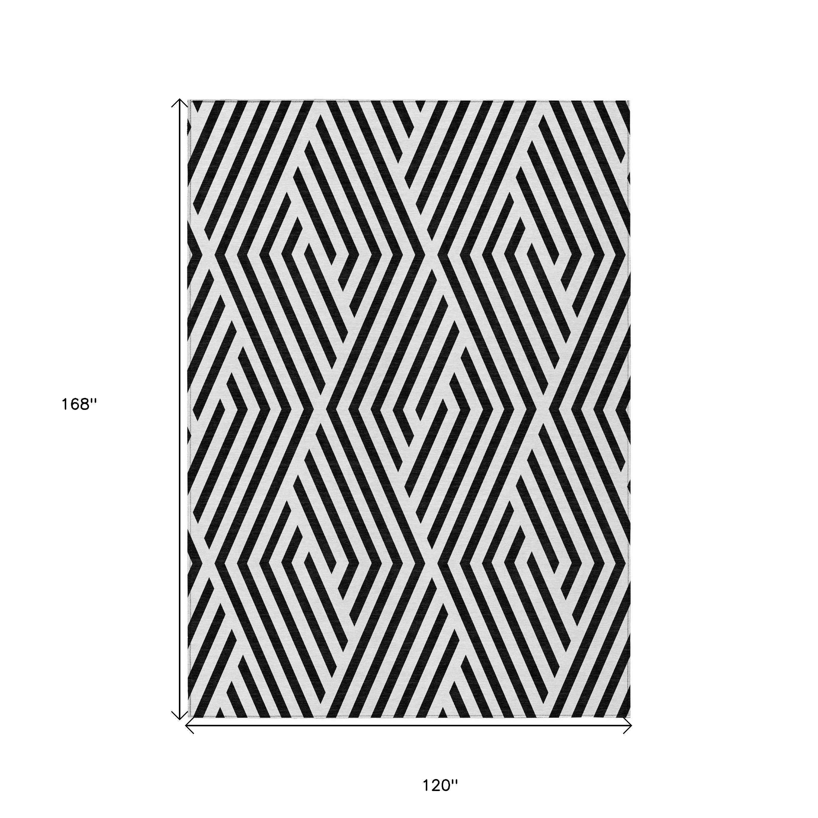 10' X 14' Black and White Geometric Washable Non Skid Indoor Outdoor Area Rug