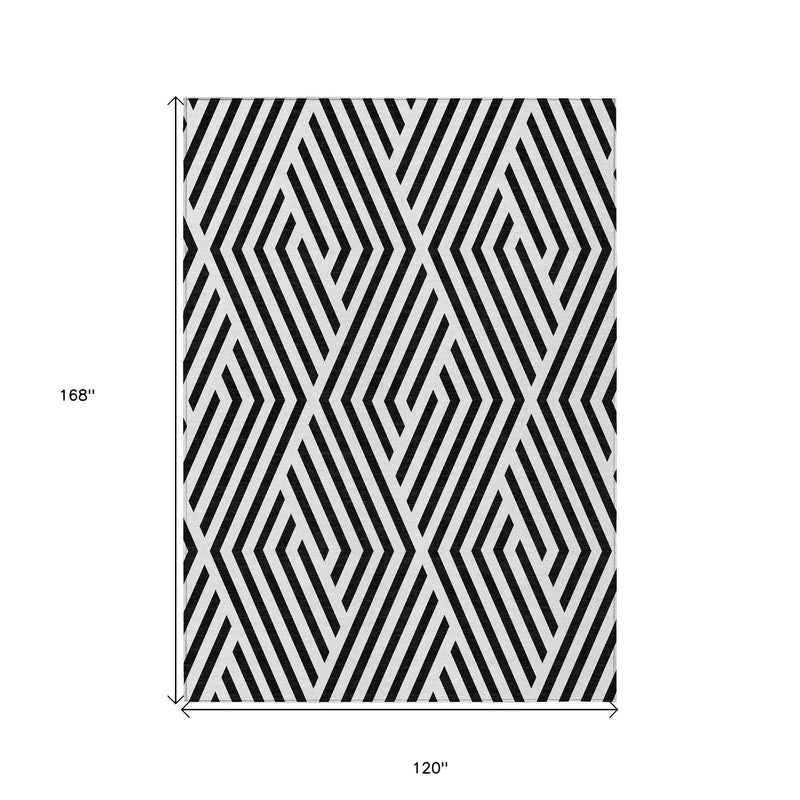 10' X 14' Black and White Geometric Washable Non Skid Indoor Outdoor Area Rug
