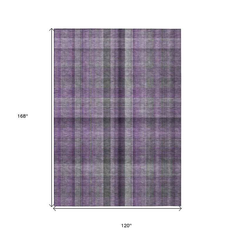 10' X 14' Purple Plaid Washable Non Skid Indoor Outdoor Area Rug