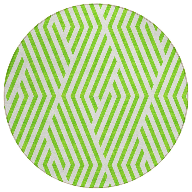 8' Round Lime Green and White Round Geometric Washable Non Skid Indoor Outdoor Area Rug