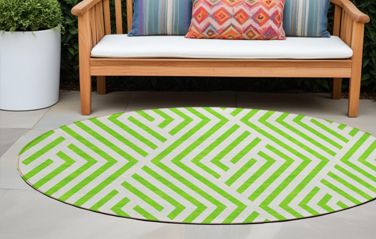 8' Round Lime Green and White Round Geometric Washable Non Skid Indoor Outdoor Area Rug