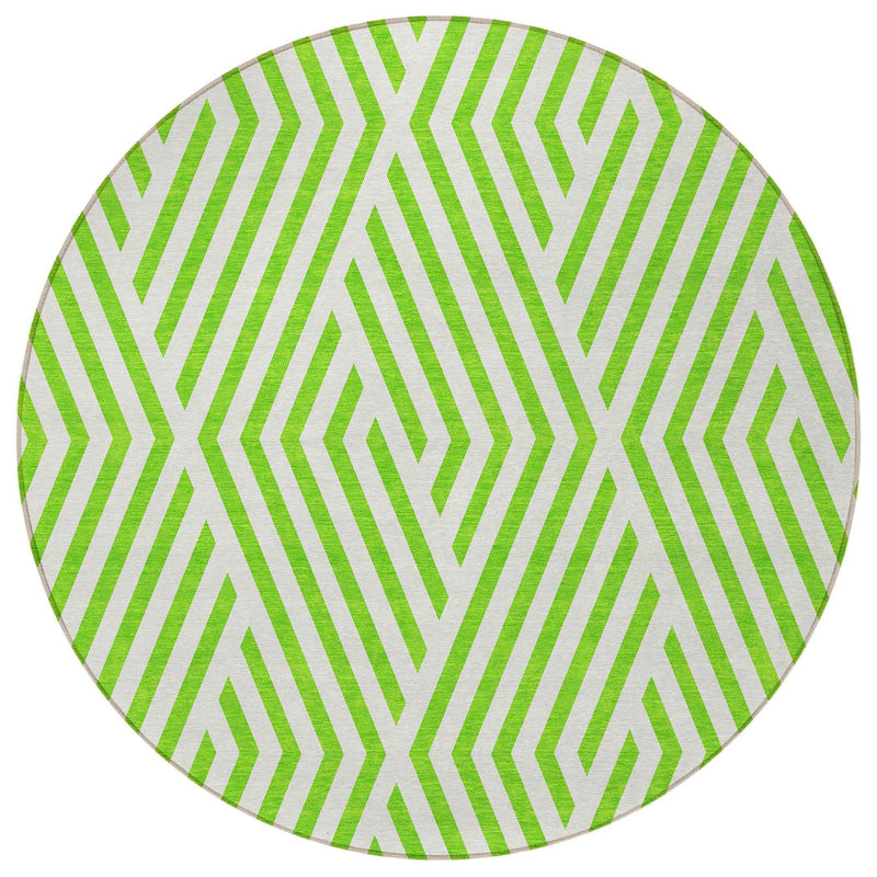 8' Round Lime Green and White Round Geometric Washable Non Skid Indoor Outdoor Area Rug