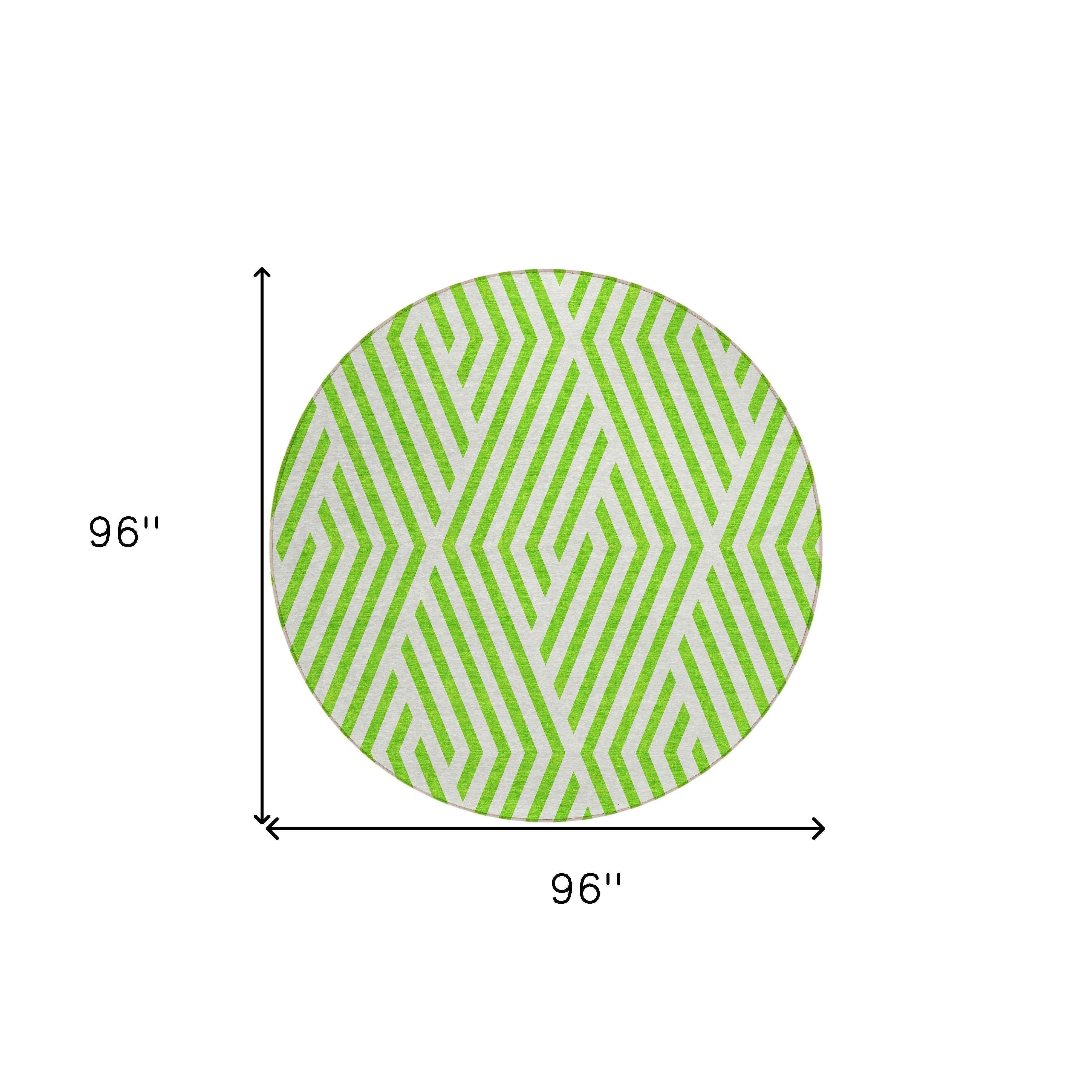 8' Round Lime Green and White Round Geometric Washable Non Skid Indoor Outdoor Area Rug