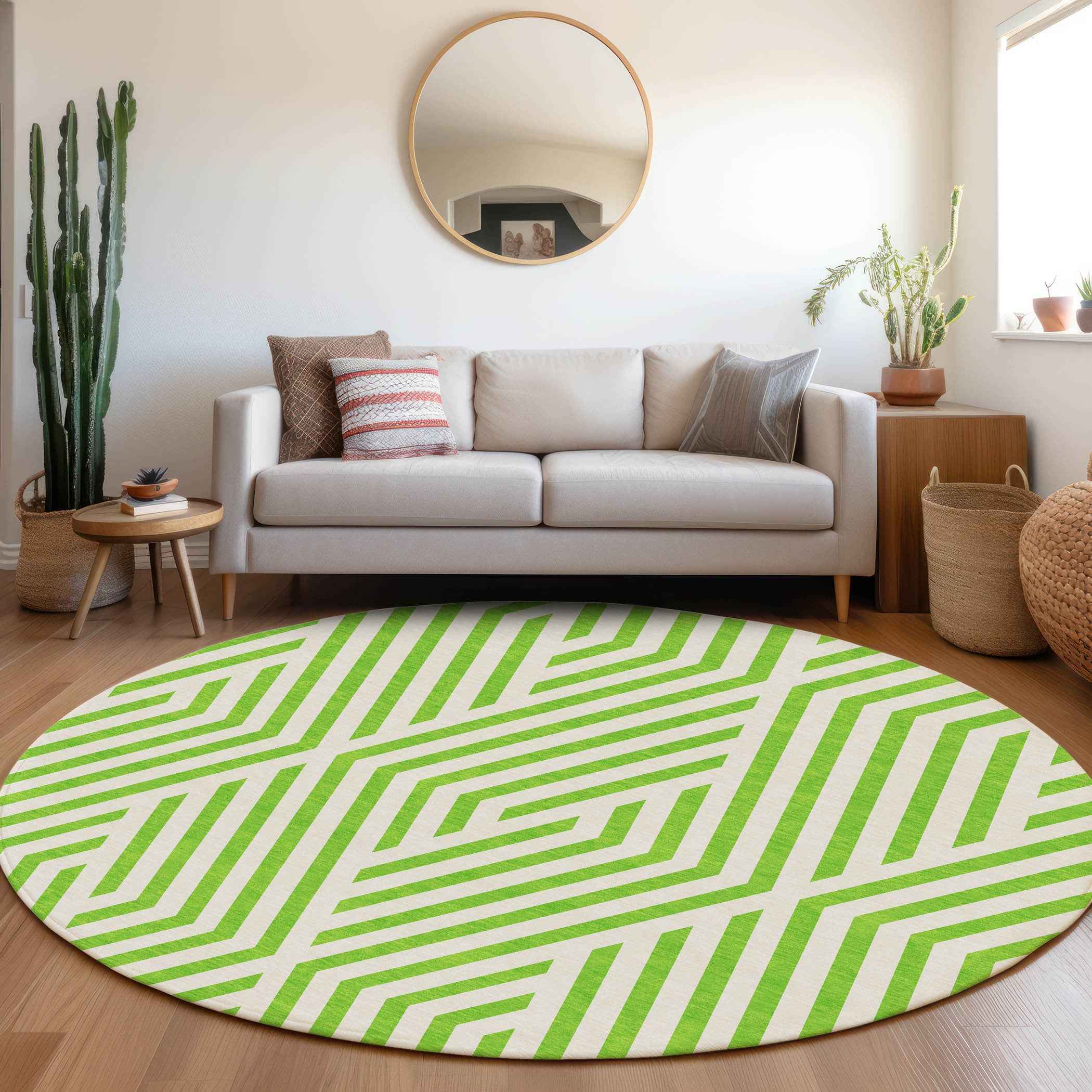 8' Round Lime Green and White Round Geometric Washable Non Skid Indoor Outdoor Area Rug