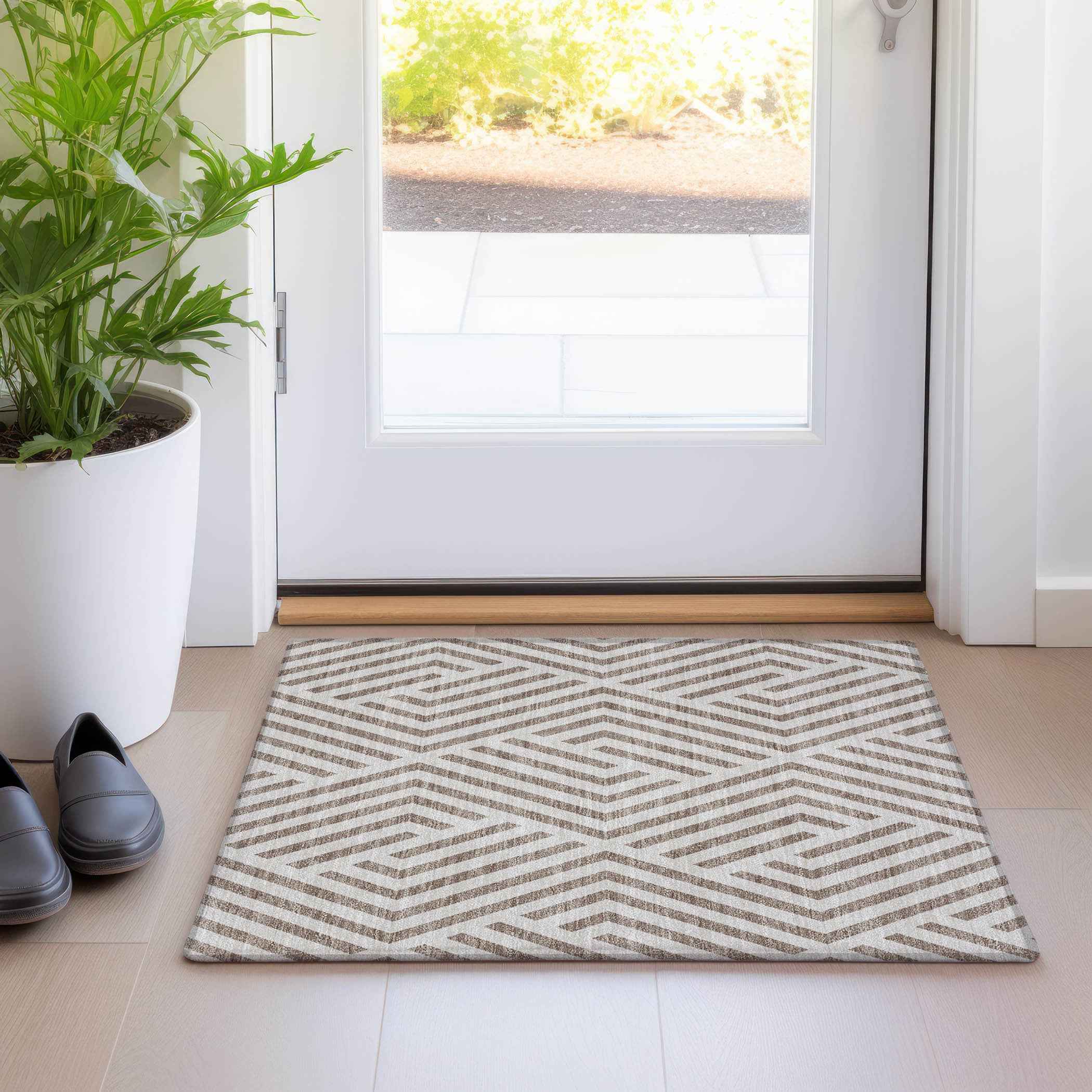 2' X 3' Taupe and Ivory Geometric Washable Non Skid Indoor Outdoor Area Rug