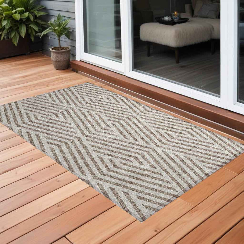 2' X 3' Taupe and Ivory Geometric Washable Non Skid Indoor Outdoor Area Rug