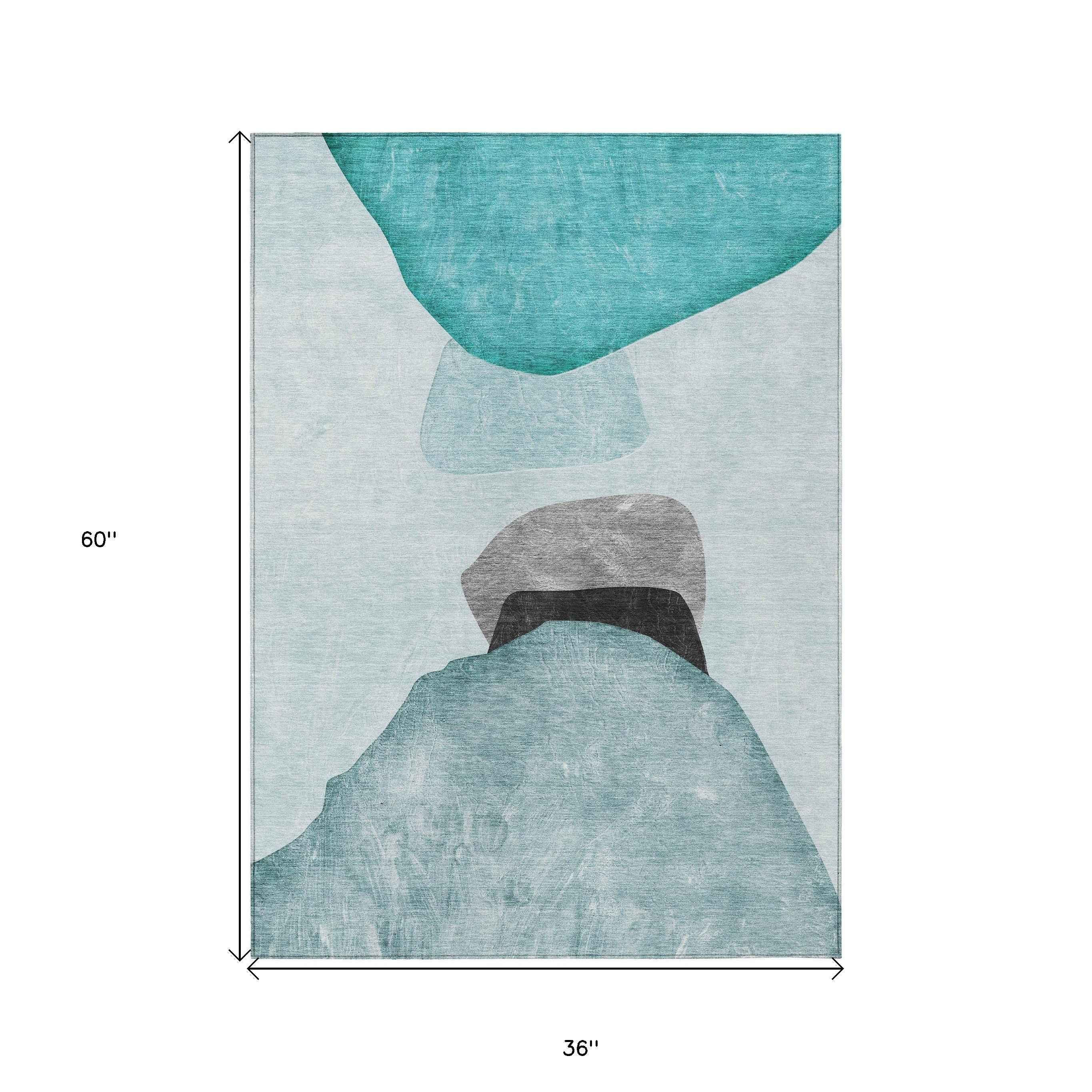 3' X 5' Ivory Teal and Gray Abstract Washable Non Skid Indoor Outdoor Area Rug