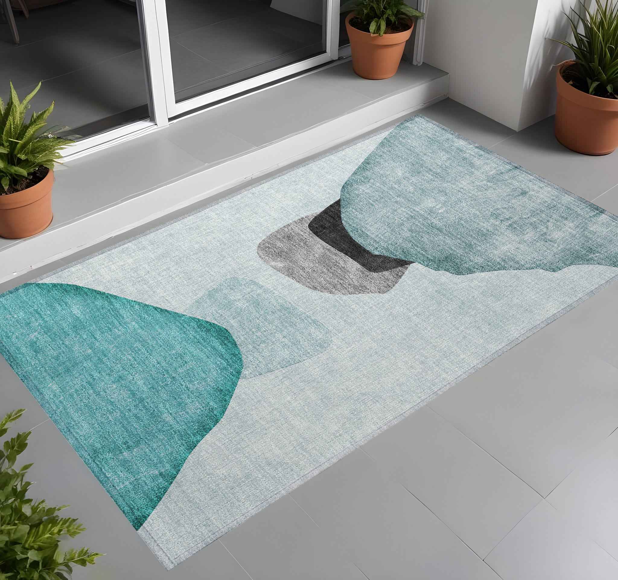 3' X 5' Ivory Teal and Gray Abstract Washable Non Skid Indoor Outdoor Area Rug