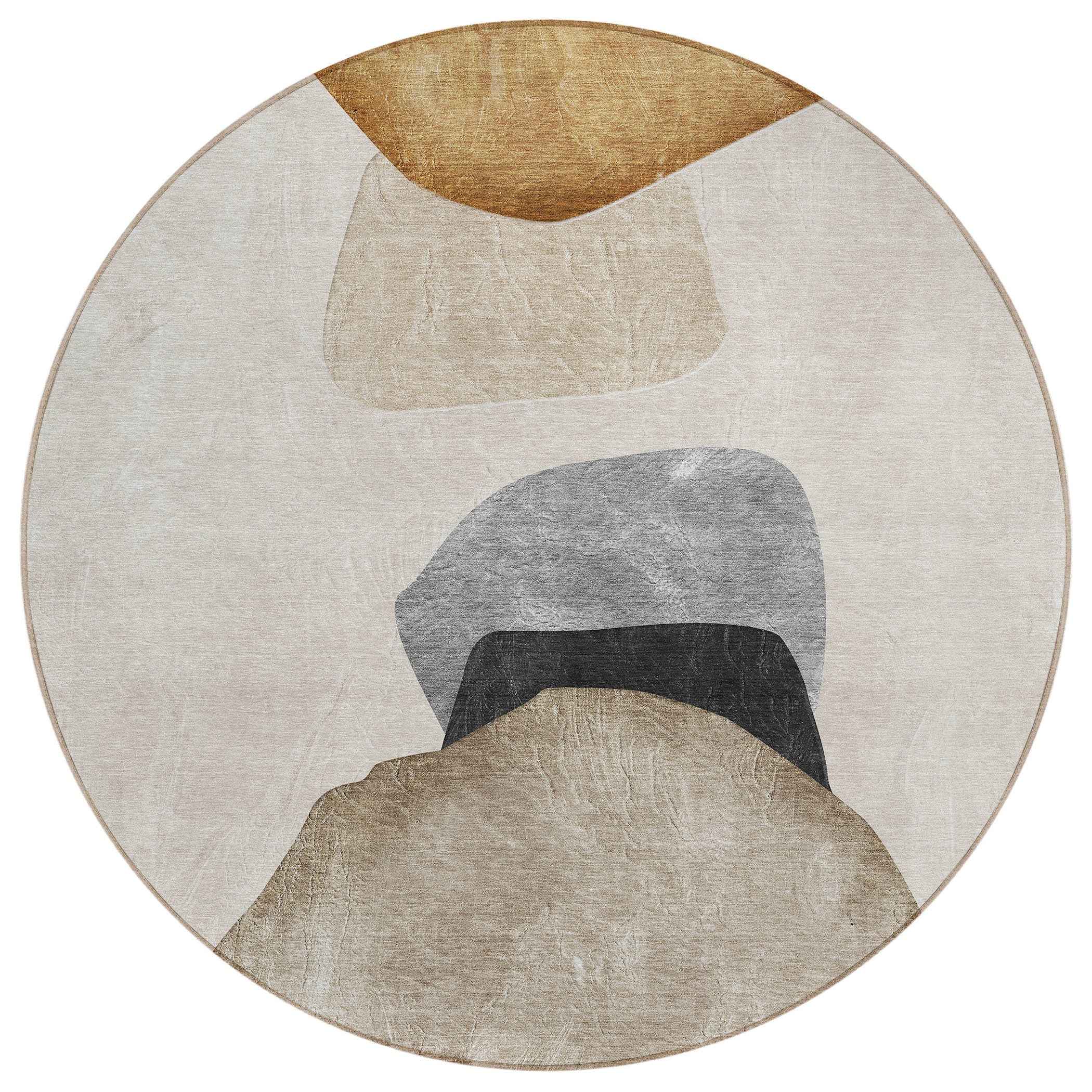 8' Round Tan Brown and Gray Round Abstract Washable Non Skid Indoor Outdoor Area Rug