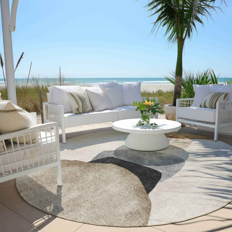 8' Round Tan Brown and Gray Round Abstract Washable Non Skid Indoor Outdoor Area Rug