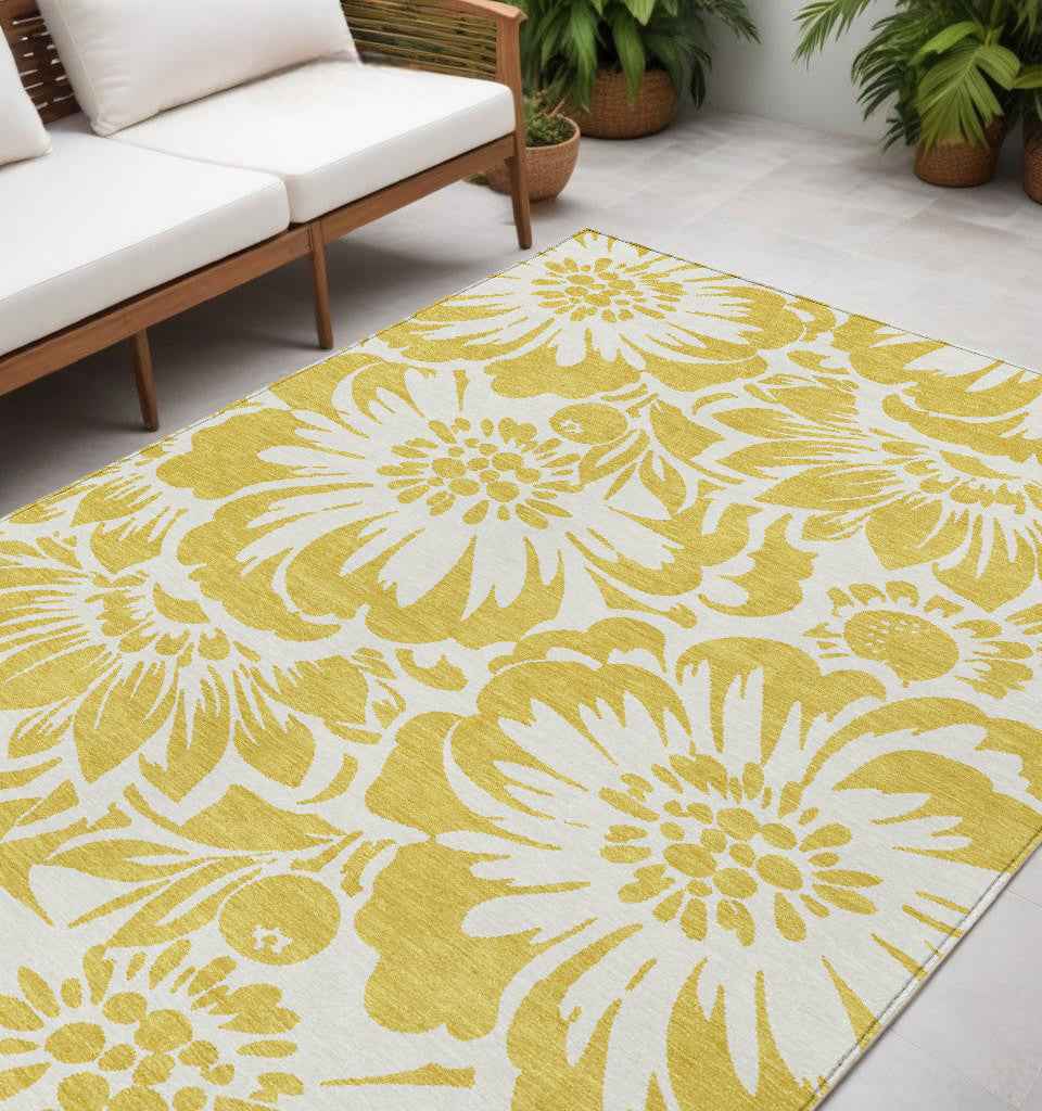 5' X 8' Gold and White Floral Washable Non Skid Indoor Outdoor Area Rug