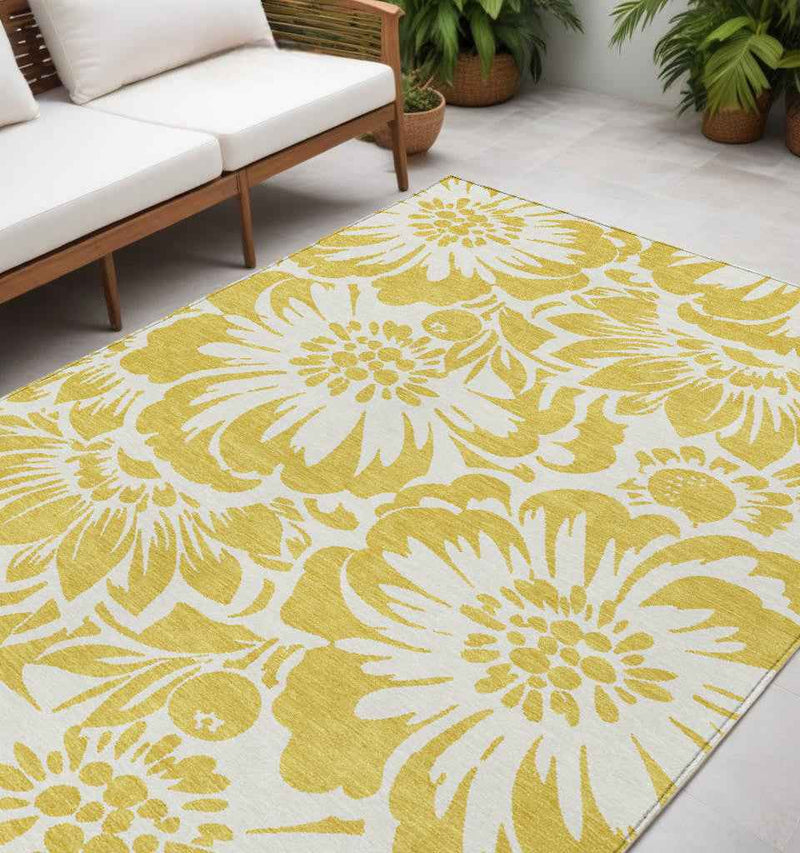 5' X 8' Gold and White Floral Washable Non Skid Indoor Outdoor Area Rug